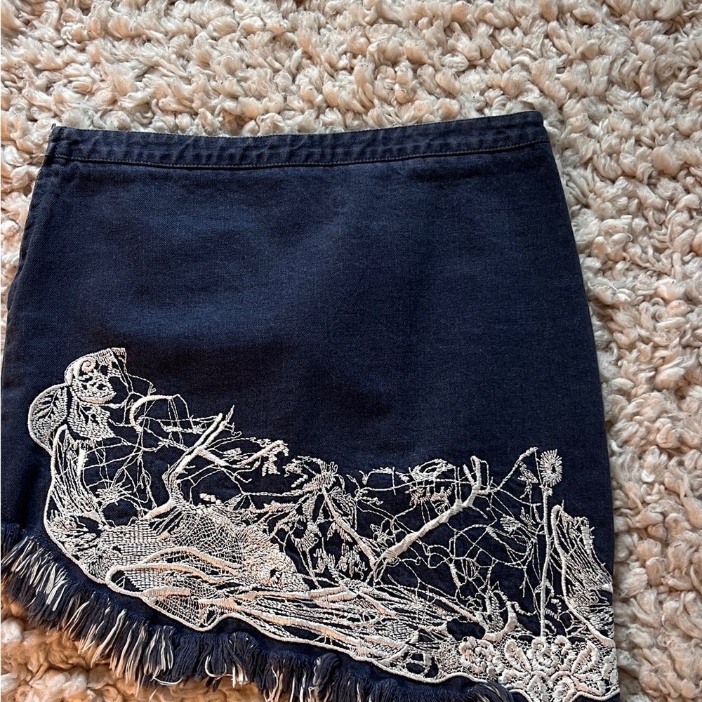 Black Mini Skirt with White Embroidered Detail and Fringe